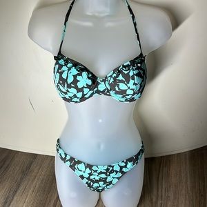 2pc Raisins Aqua Floral Scrunch Butt Swimsuit Bikini with Push-Up Top Size M